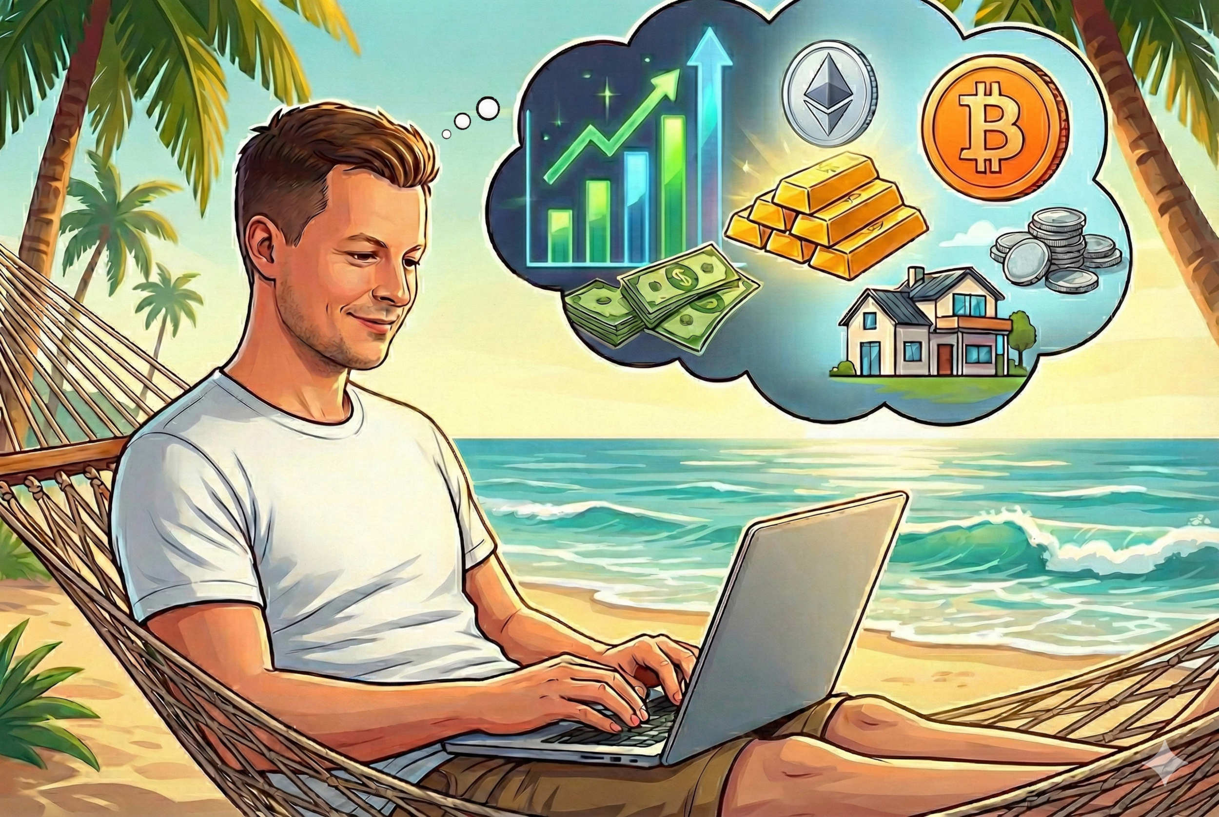 Ilustracja autora altinwestor.pl na plaży w hamaku